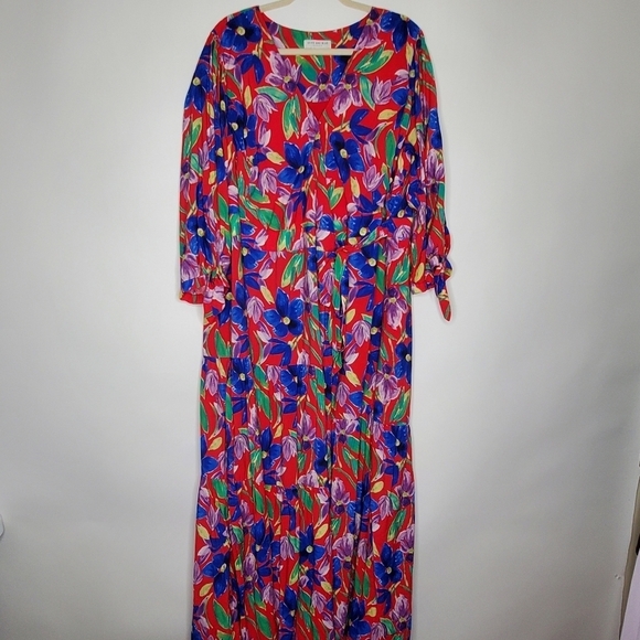 Skies Are Blue Floral Wrap Dress Size 2X Maxi Tiered Tie Sleeve Colorful Party - Picture 14 of 16
